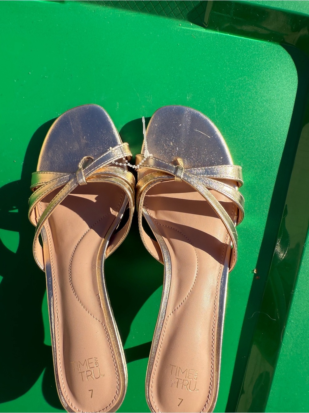 Time and Tru Metallic Gold Cross-Strap Slide Mules Heels Women’s Sz  10906
